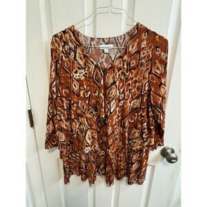 Susan Graver L Tiered Peplum Waist Top Orange Black V-neck 3/4 Sleeve Preowned